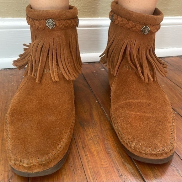 Vintage Moccasins Brown Suede Minnetonka Leather Booties Slippers Boots Size 7 - Picture 3 of 12